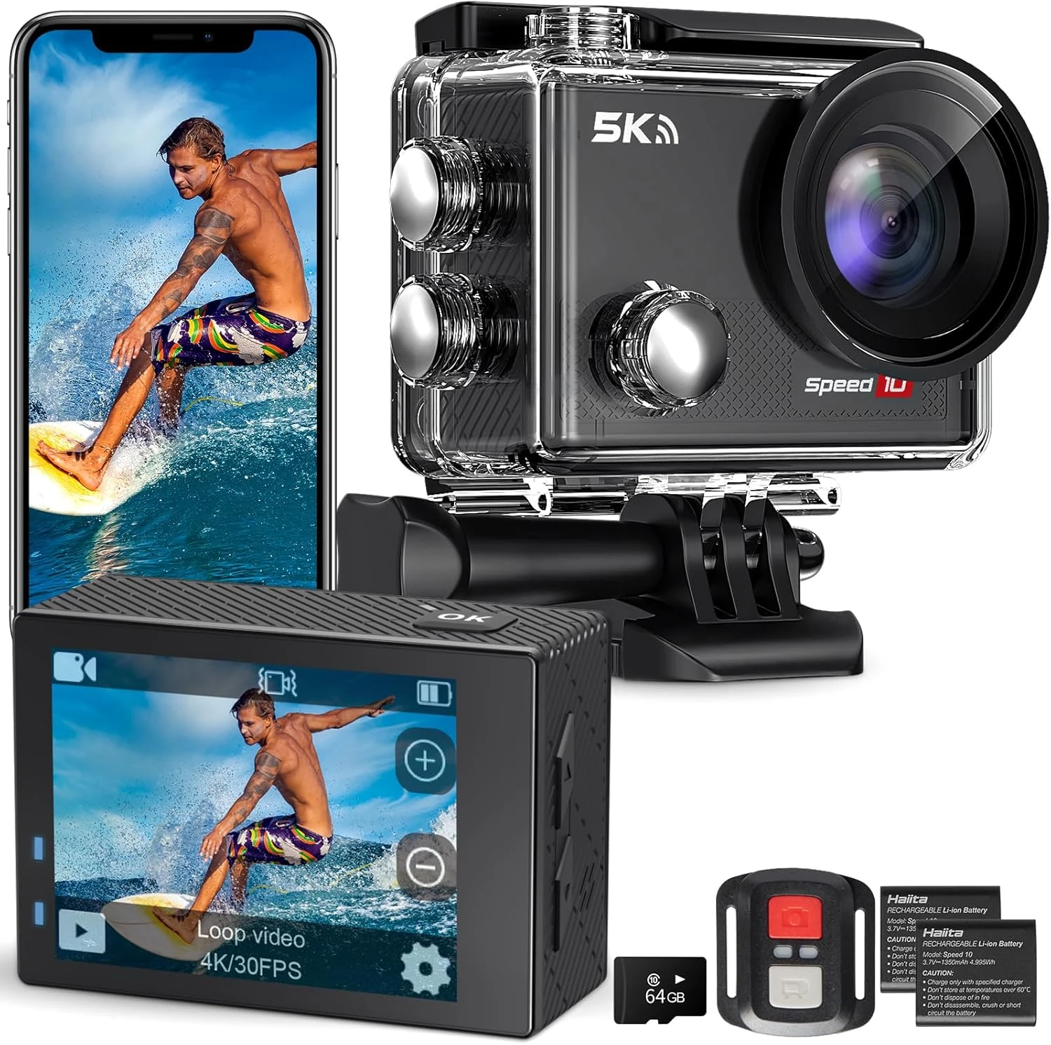 Hiicam Action Camera – 5K 30FPS, Waterproof 131FT