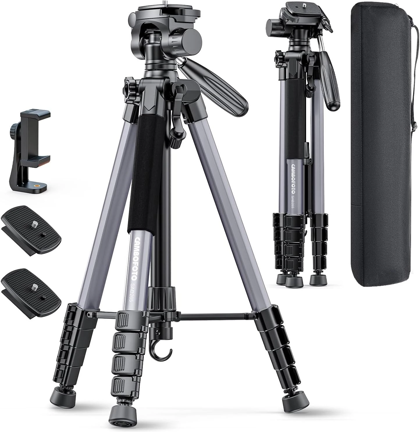 CAMBOFOTO 74″ Tripod – Aluminum, 360° Pan Head, For photographers and creators
