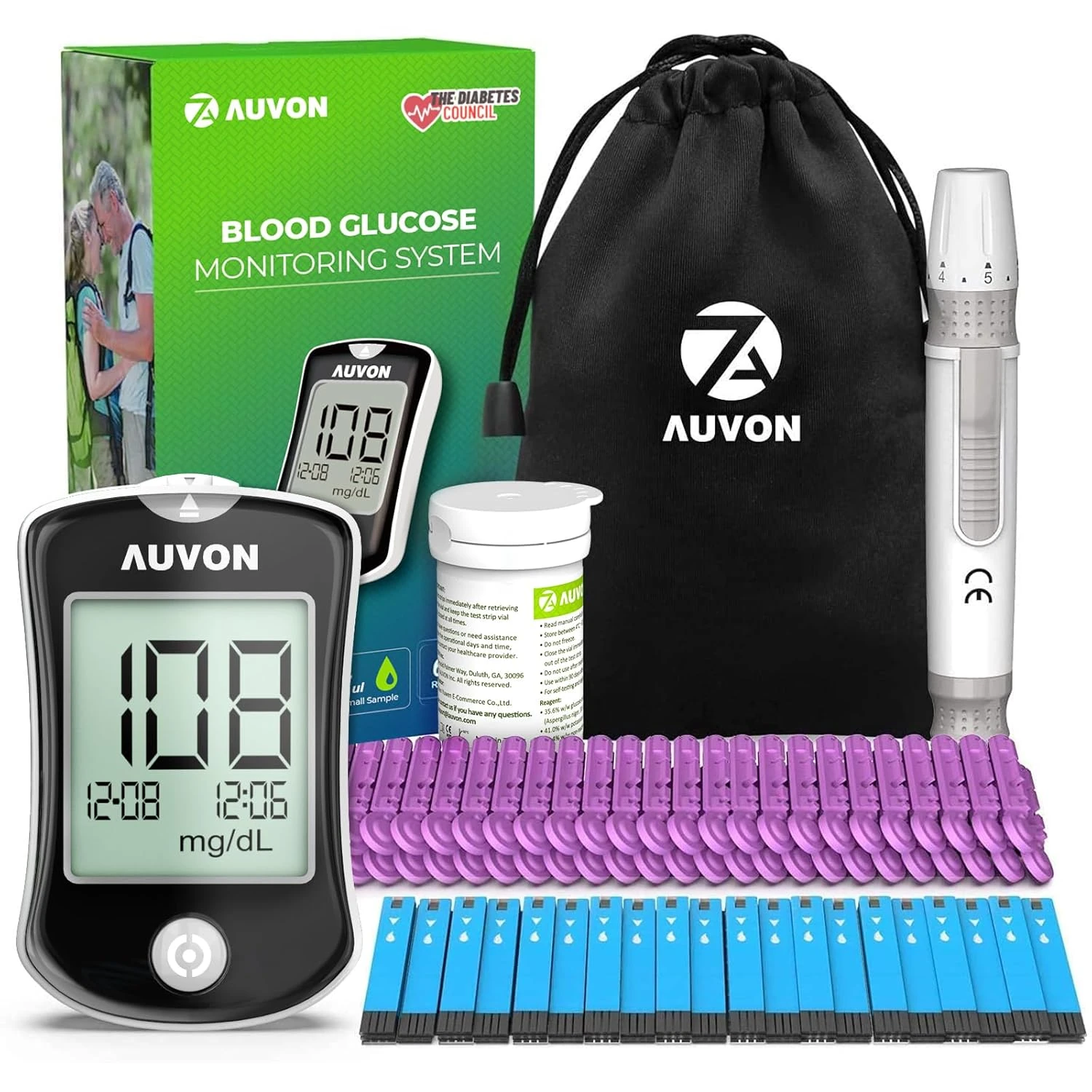 AUVON Blood Glucose Monitor Kit – 50 Strips, No Coding
