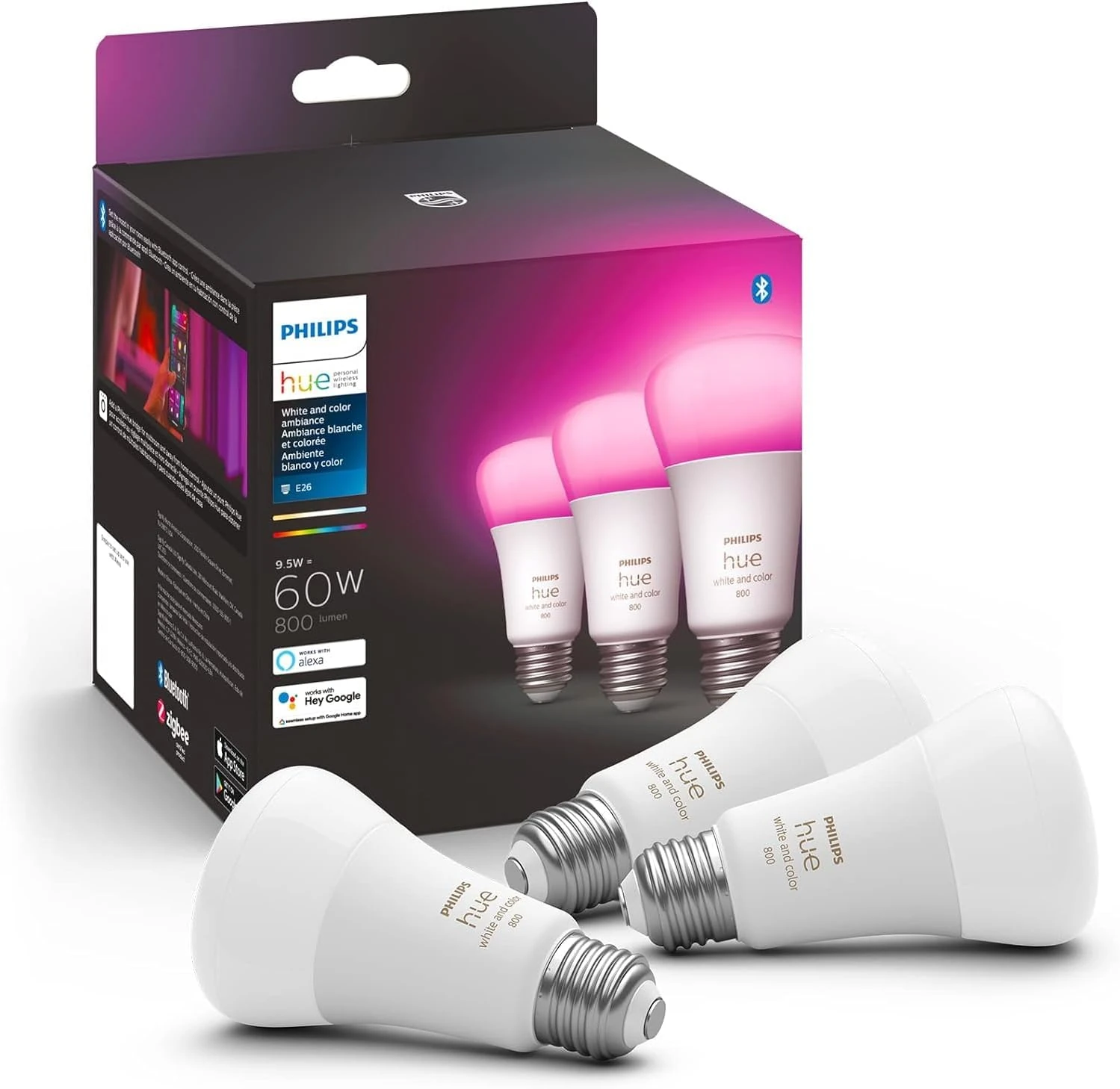 Philips Hue A19 LED Smart Light Bulb – 60W White & Color Ambiance, Works with Alexa