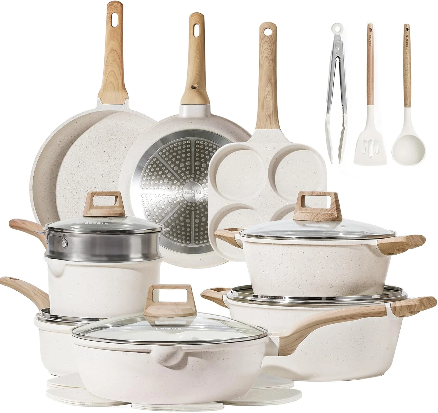 CAROTE Cookware Set – 21Pcs Nonstick White Granite