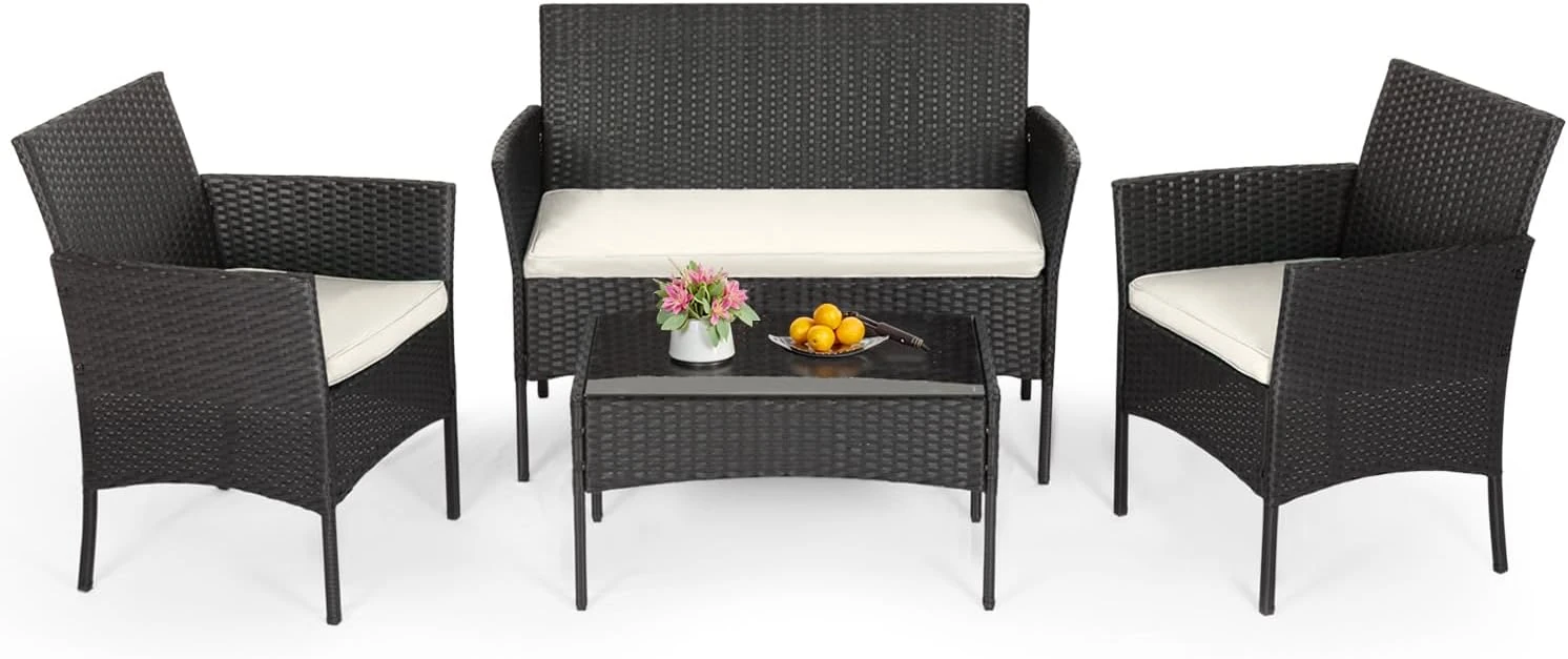 FDW Patio Set – 4-Piece Wicker, Weather-Resistant