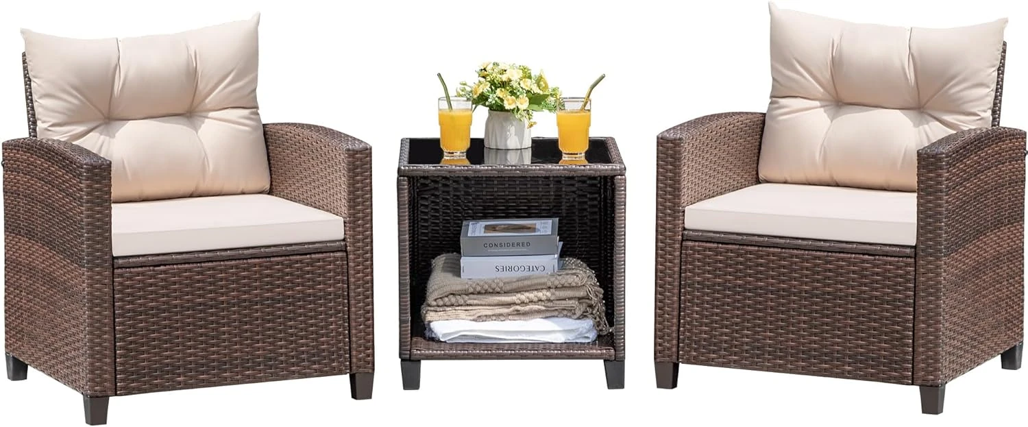 Devoko Patio Set – 3-Piece Rattan Wicker Furniture