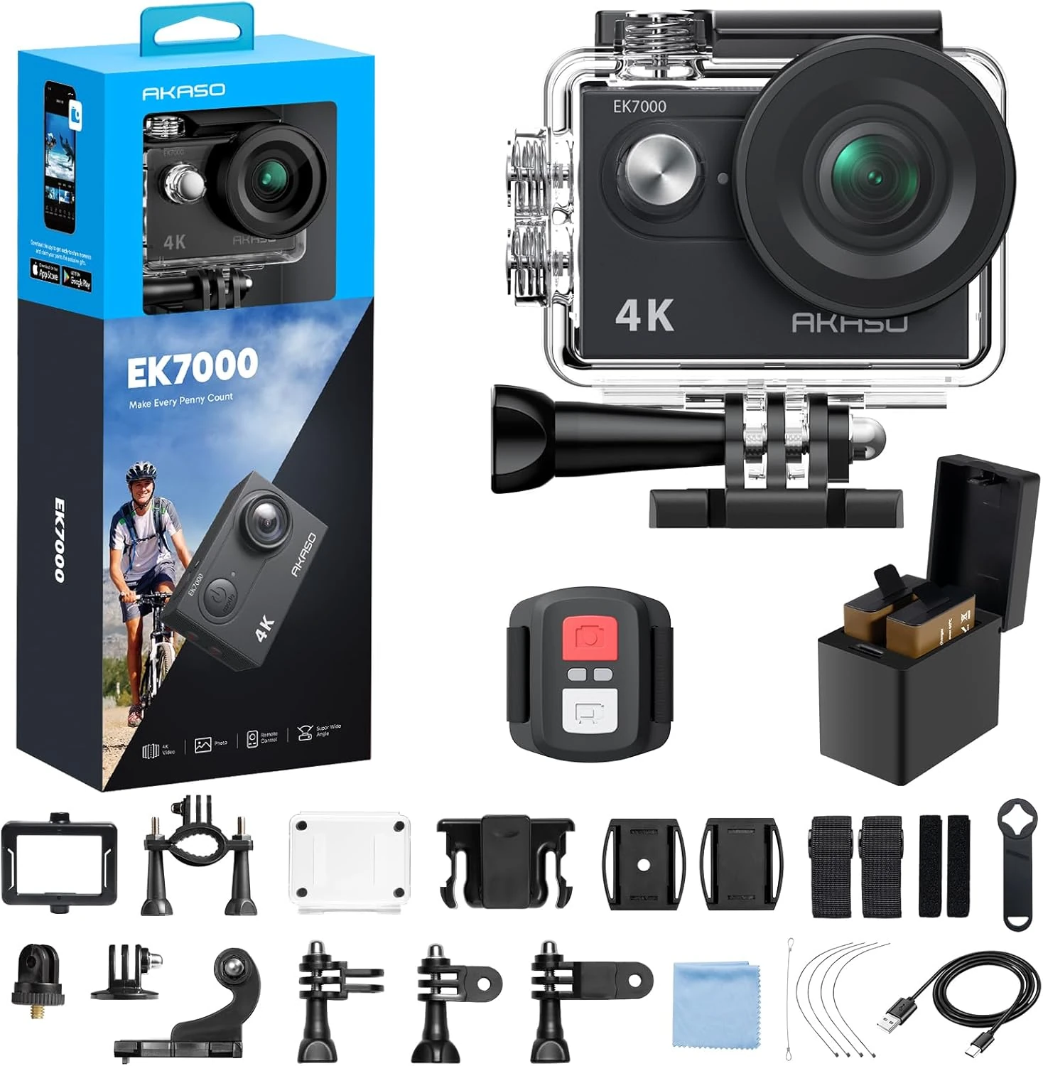 AKASO EK7000 Action Camera – 4K 30fps, 131ft Waterproof